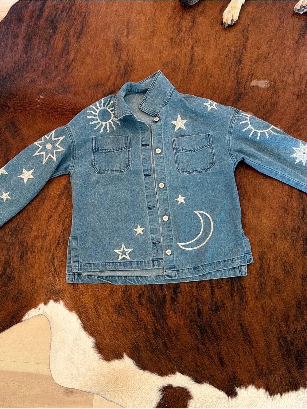 Women’s Blue Denim Jacket with Cream Celestial Motifs